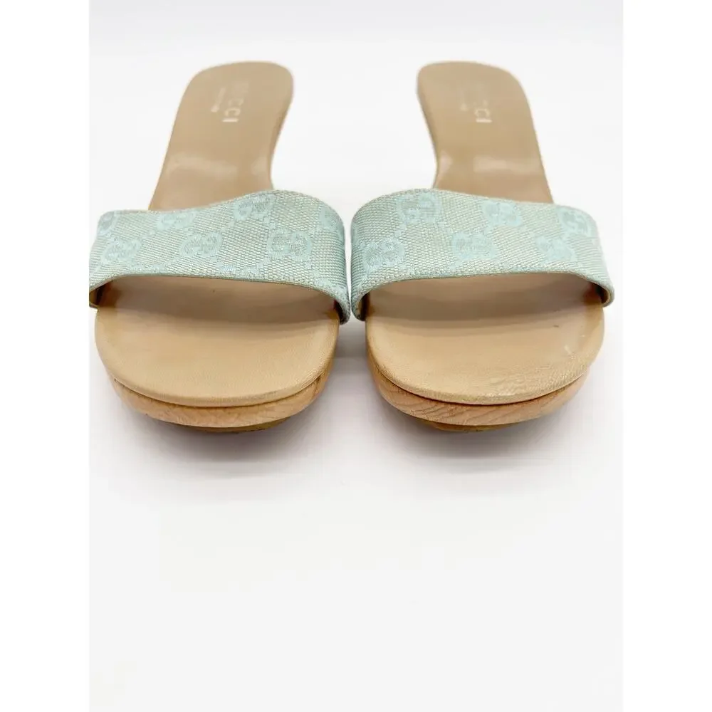 Gucci Vintage Teal GG Monogram Canvas Wooden Heel Slide Mule Sandals EU 36.5